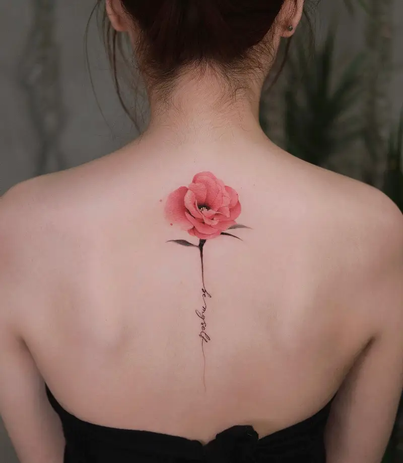 Soft Watercolor Rose Spine Tattoo