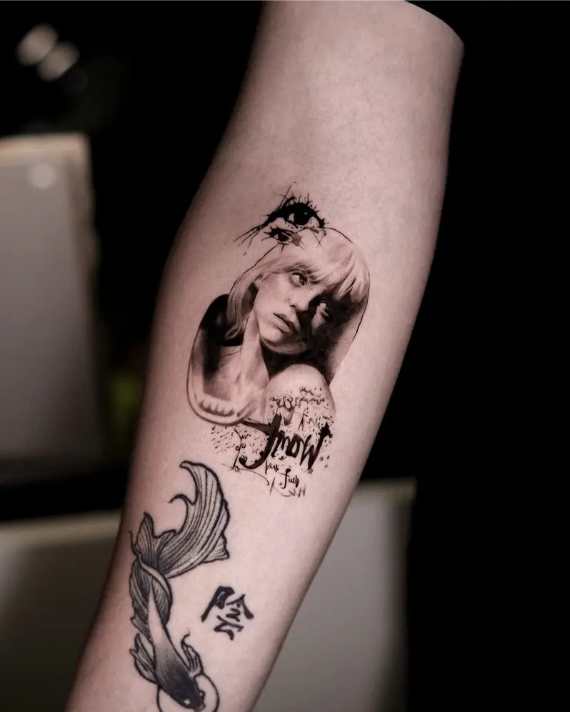 Surreal Collage Billie Eilish Portrait Tattoo