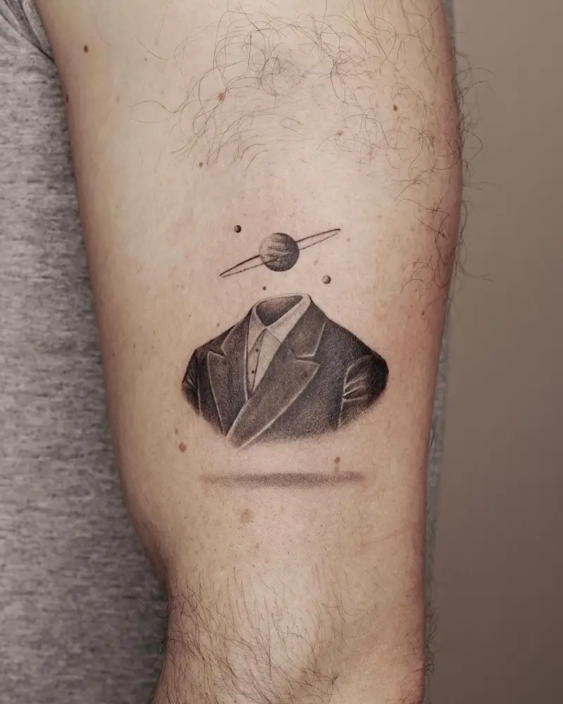 Surreal Saturn Head Planet Portrait Tattoo