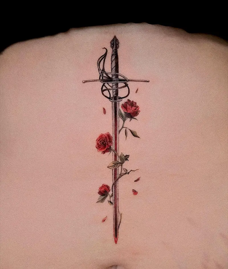 Sword and Roses Belly Tattoo