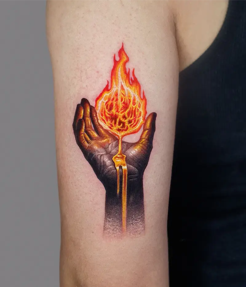 Symbolic Burning Hand Fire Tattoo