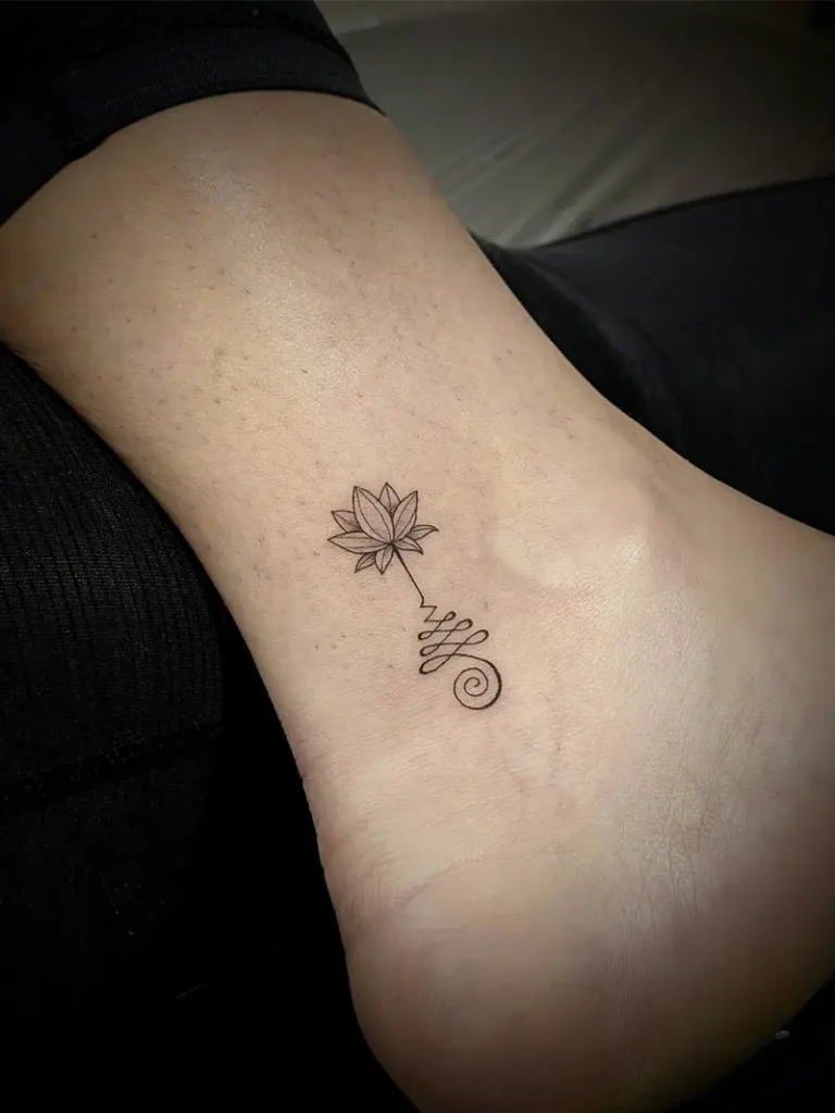 Tiny Lotus Unalome Ankle Tattoo