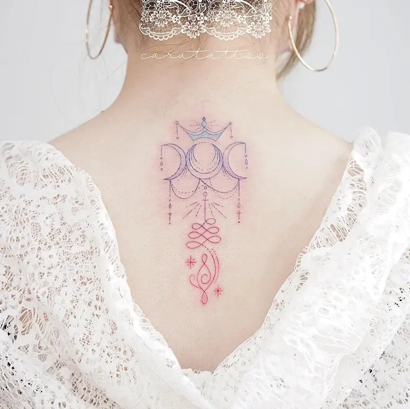 Triple Moon Unalome Spine Tattoo