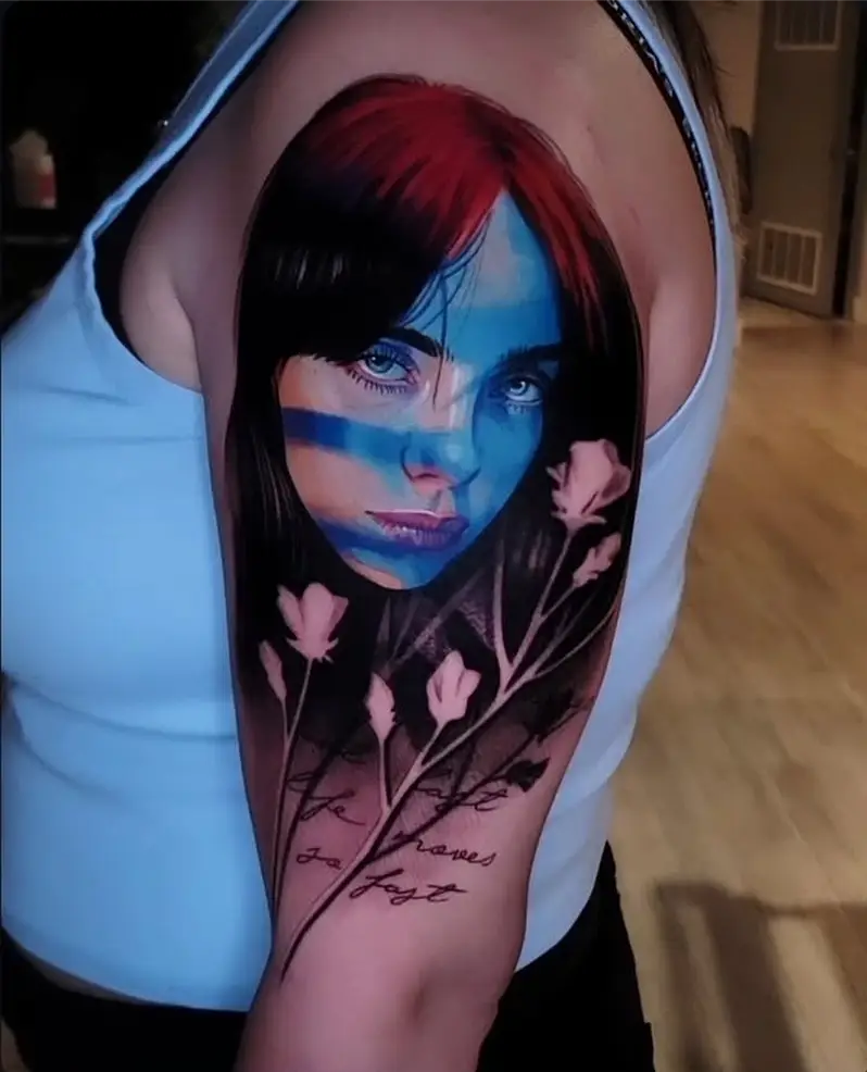 Vibrant Color Billie Eilish Floral Portrait Tattoo