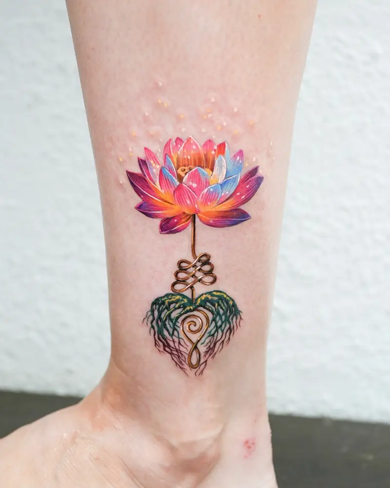 Vibrant Lotus Rooted Unalome Tattoo