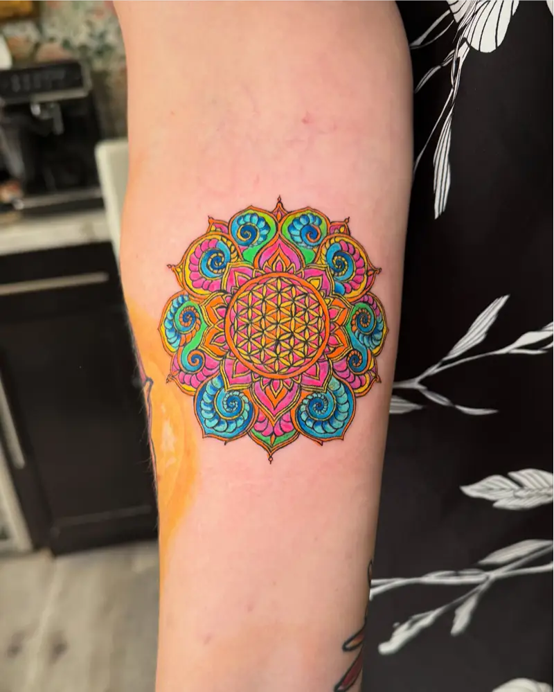 Vibrant Mandala Flower of Life Tattoo