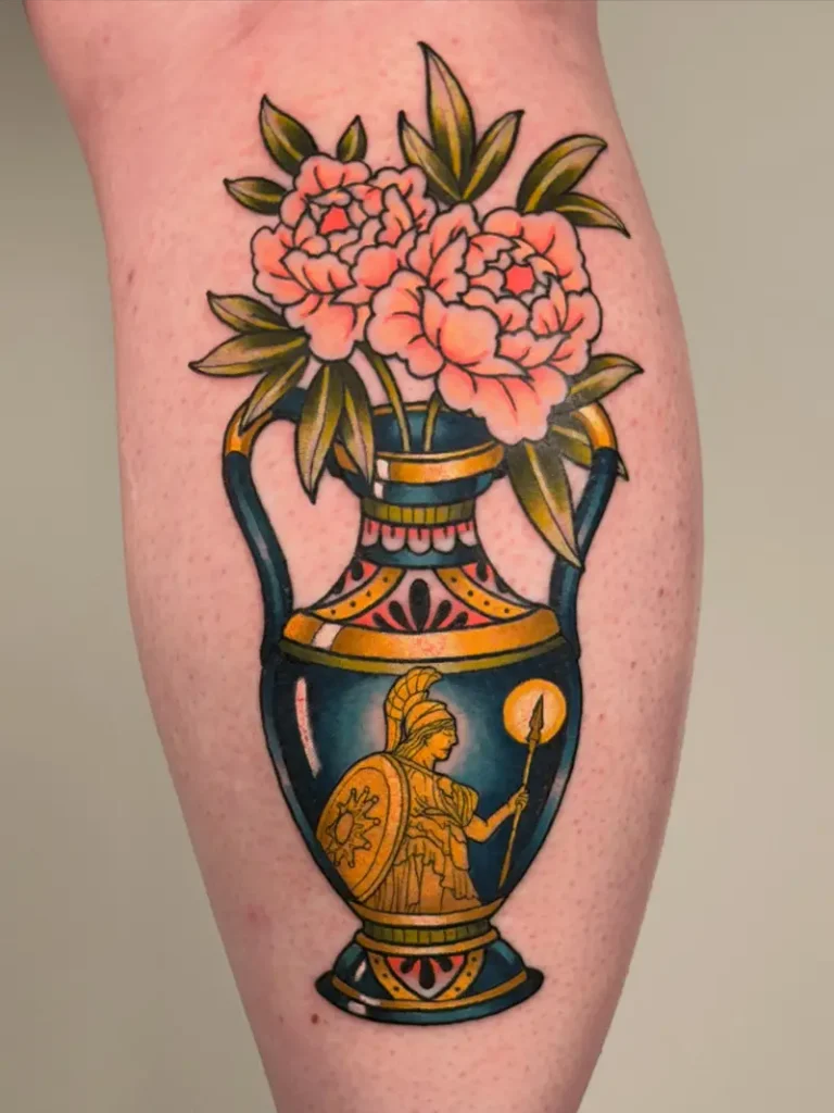 Vibrant Neo Traditional Athena Vase Tattoo