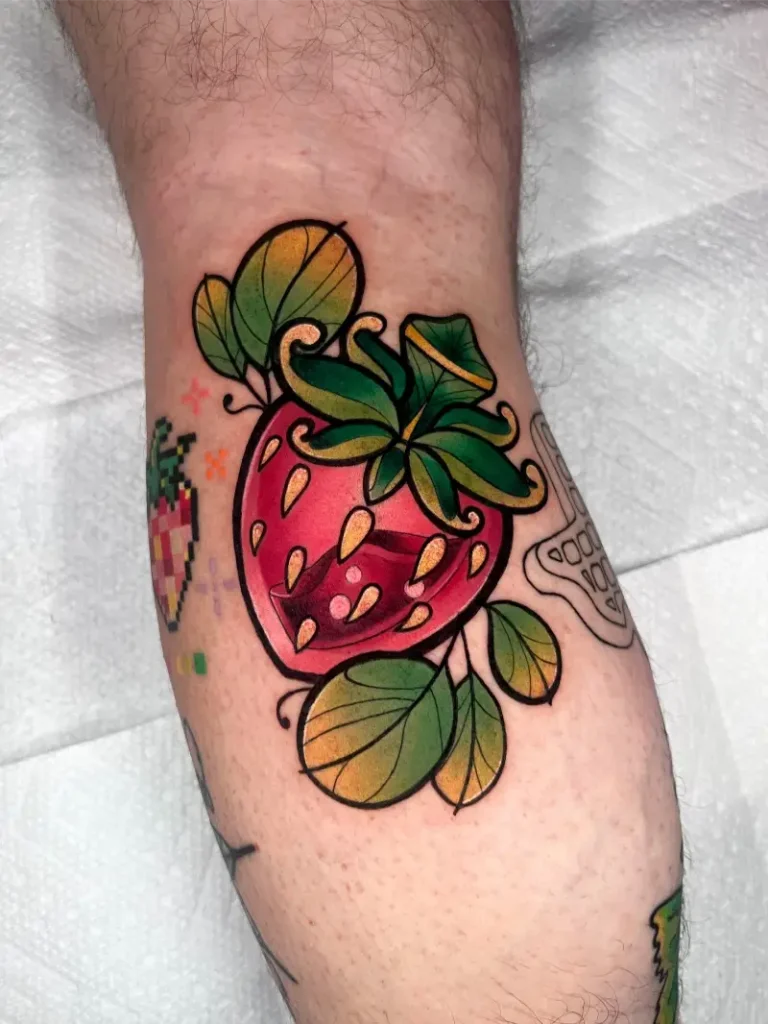 Vibrant Neo Traditional Strawberry Tattoo