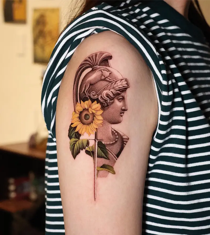 Vibrant Sunflower Athena Bust Tattoo