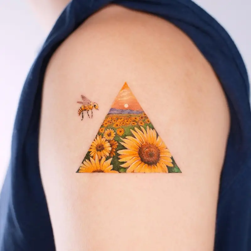 Vibrant Sunflower Landscape Triangle Tattoo