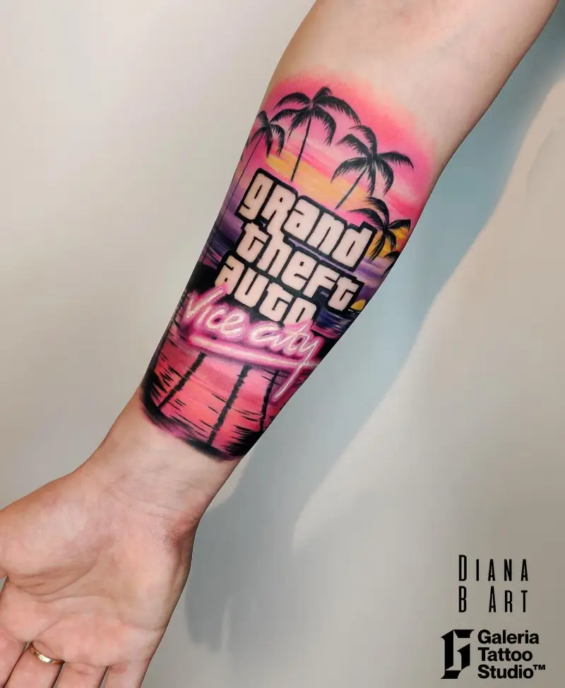 Vibrant Vice City Sunset Tattoo