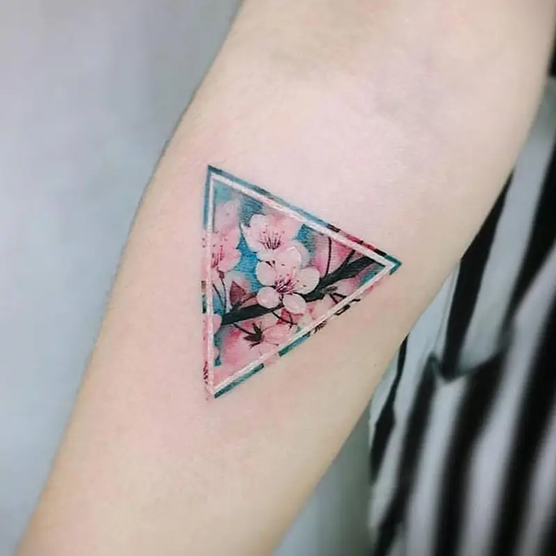 Watercolor Cherry Blossom Triangle Tattoo