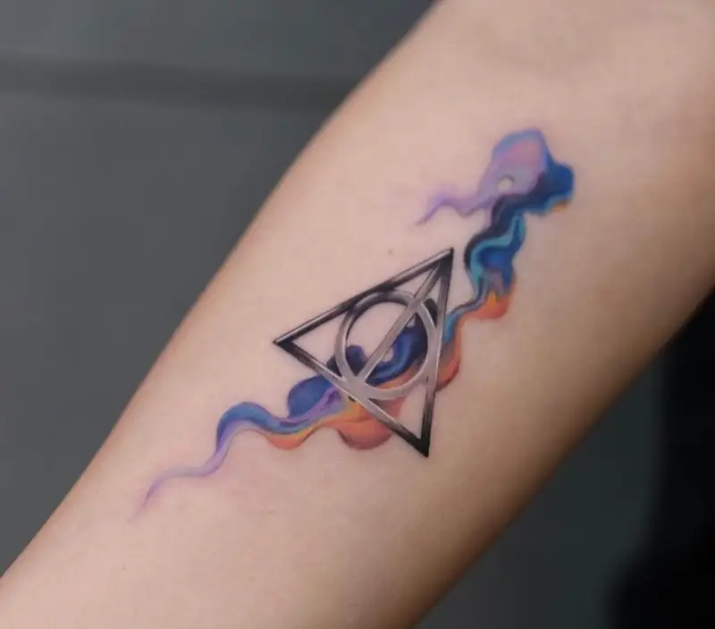 Watercolor Deathly Hallows Symbol Tattoo