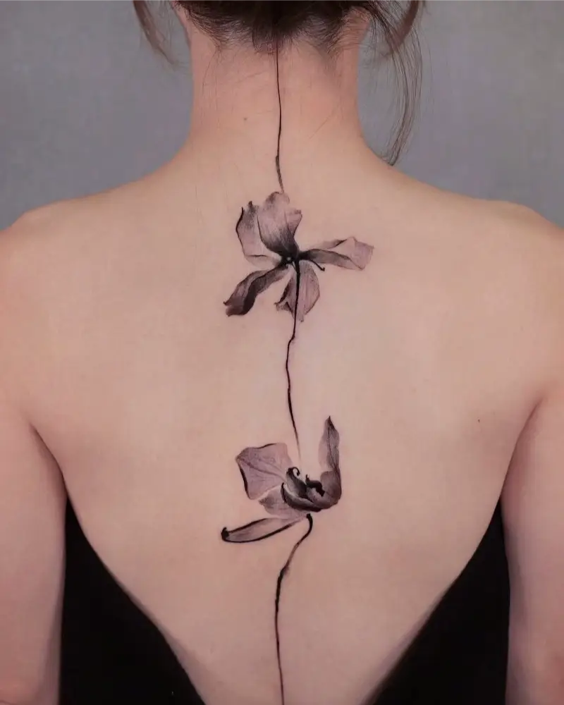 Watercolor Floral Spine Tattoo