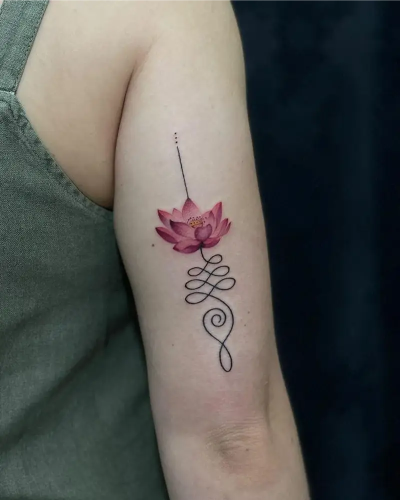 Watercolor Lotus Unalome Arm Tattoo