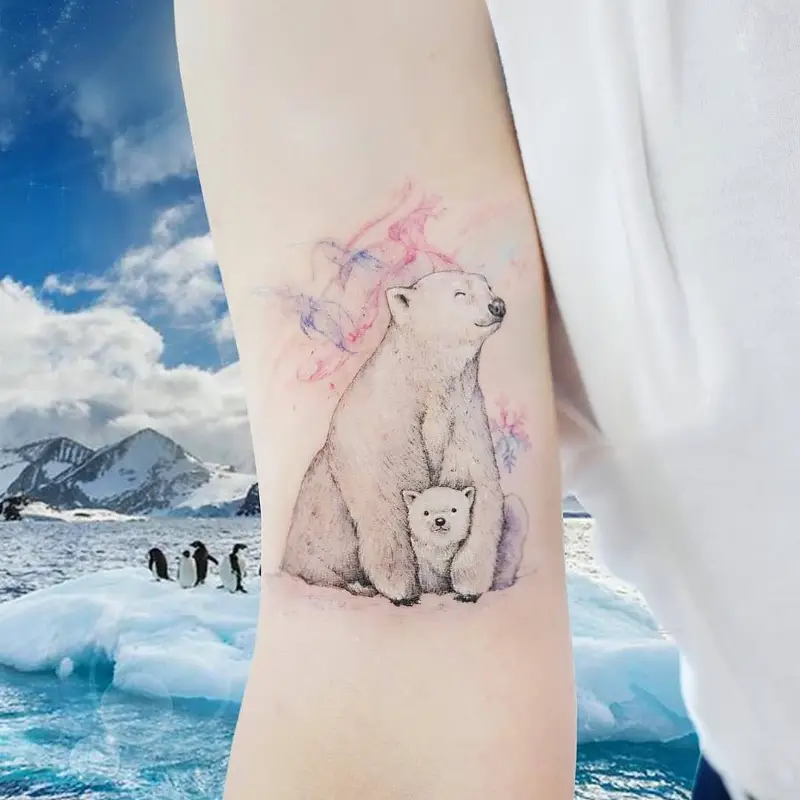 Watercolor Mother and Cub Polar Bear Tattoo