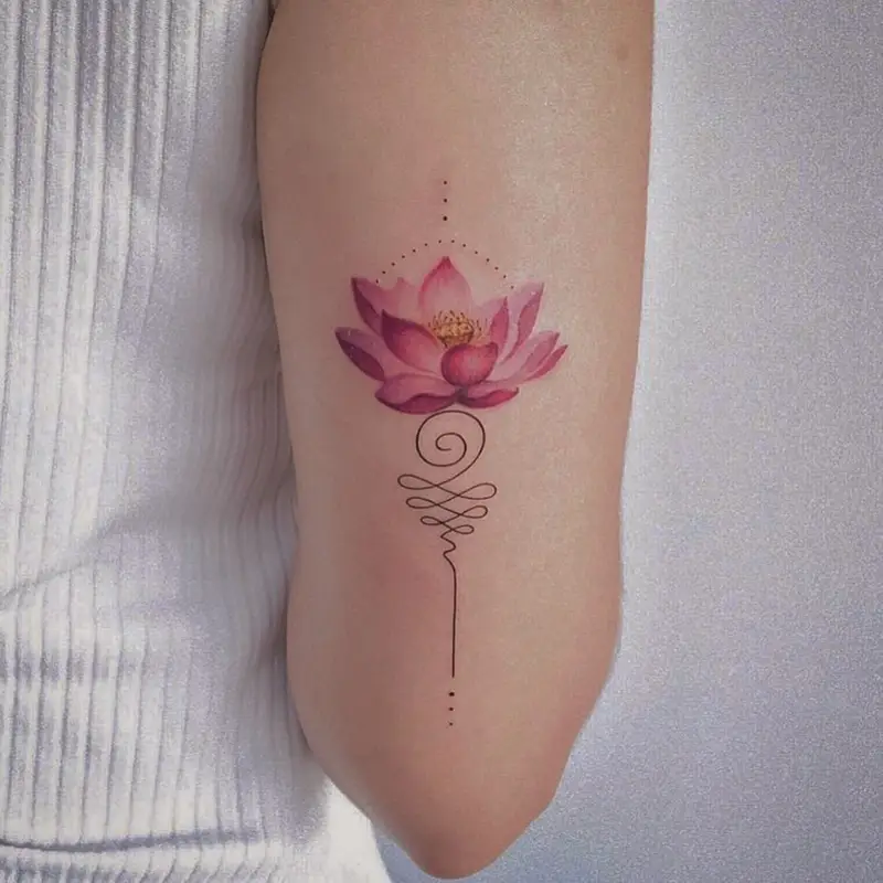 Watercolor Pink Lotus Unalome Tattoo