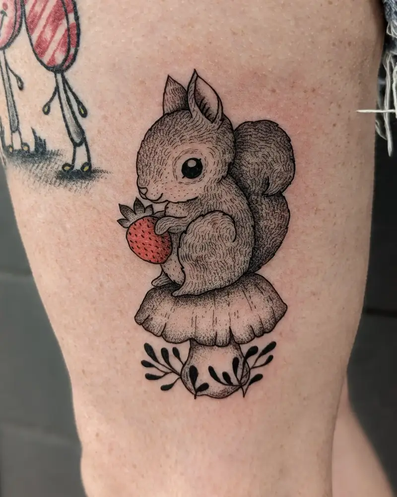 Whimsical Fine Line Squirrel Tattoo