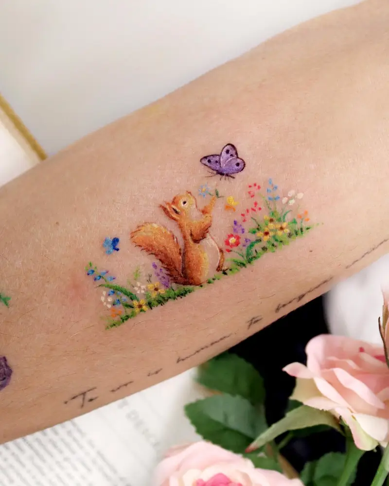 Whimsical Meadow Squirrel Tattoo
