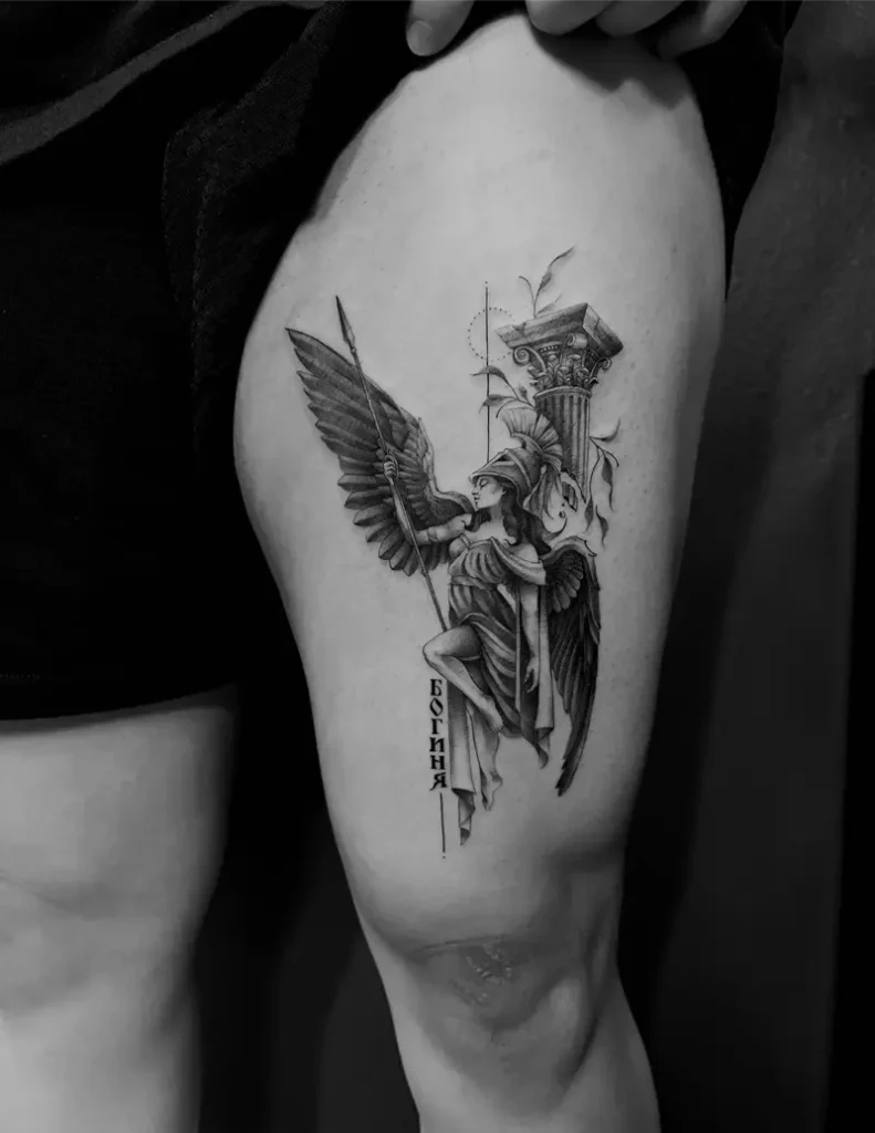 Winged Athena Thigh Tattoo
