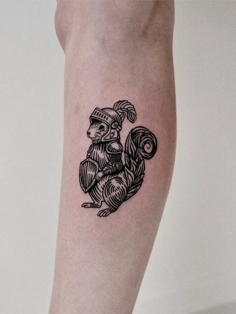 Woodcut Knight Squirrel Tattoo