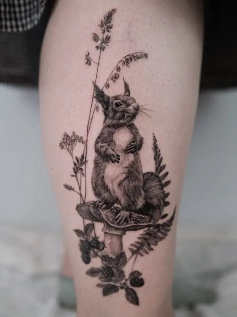 Woodland Botanical Squirrel Tattoo